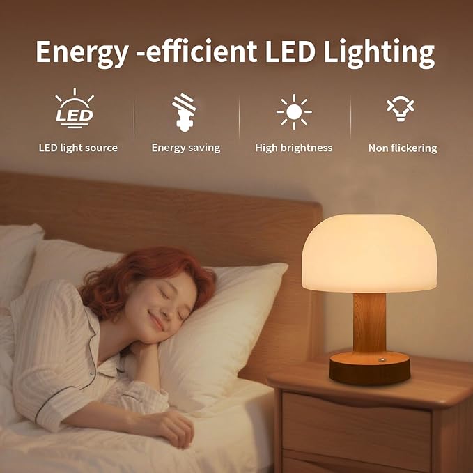 Mushroom Operated Table Lamp 3000mAh Cordless Rechargeable, Touch Dimmable Desk Lamp, LED Night Light for Patio Camping Restaurant Home, H7.3in, Wood Grain