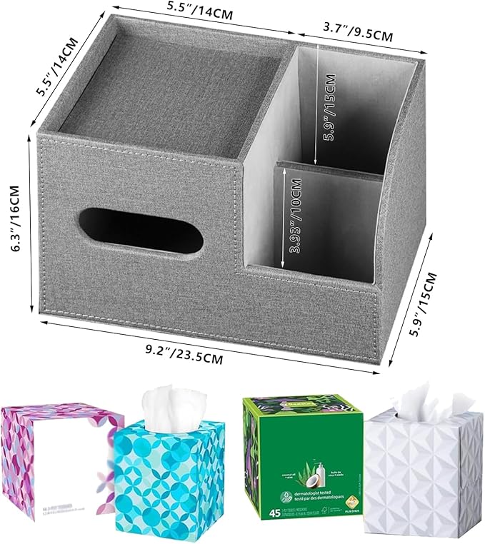 PU Leather Tissue Box Cover Square,Tissue Box Holder Organizer with Storage Tray and Remote Control Holder for Bathroom Countertop Night Stands Bedroom Office Desk,Napkin Caddy Decorative Black