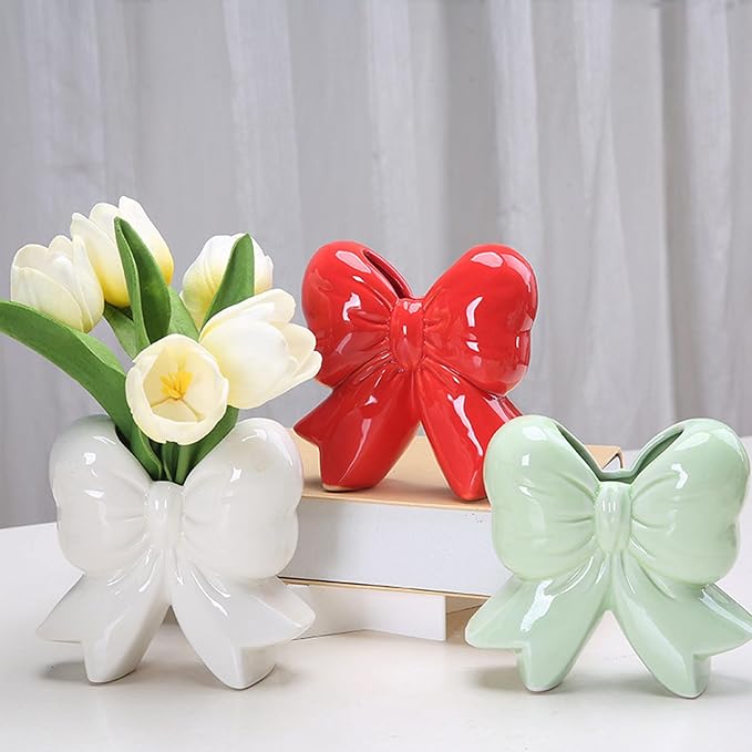 Bow Vase Red Ceramic Vase Minimalist Farmhouse Flowers Tulip Pampas Grass Flower Modern Home Bow Decor Cute Decorative for Table Bathroom Shelf