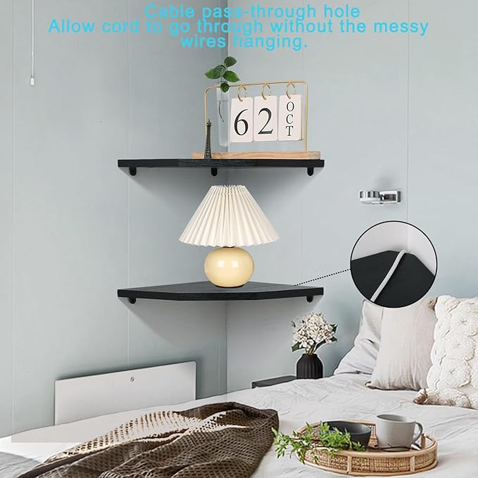 Joiishom Wood Corner Wall Shelves Set of 2, Solid Wood Corner Floating Shelves, Round End Wall Mounted Floating Corner Shelf for Bedroom, Living Room and Kitchen (Black-12 inch)