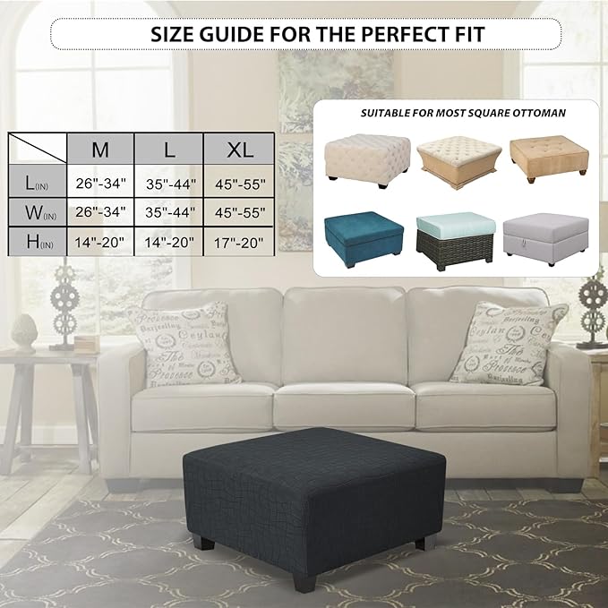 Square Ottoman Cover,Soft Stretch Jacquard Slipcover with Dual Waterproof Layers,Washable Furniture Protector for Pets,X-Large,Dark Gray
