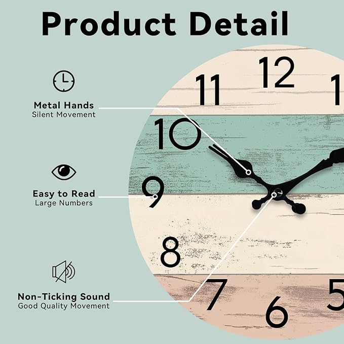 Wall Clock Silent Non-Ticking Wooden Clocks Battery Operated 8 Inch Small Country Retro Rustic and Beach Style Decorative for Kitchen, Home, Bathroom, Bedroom (Green)