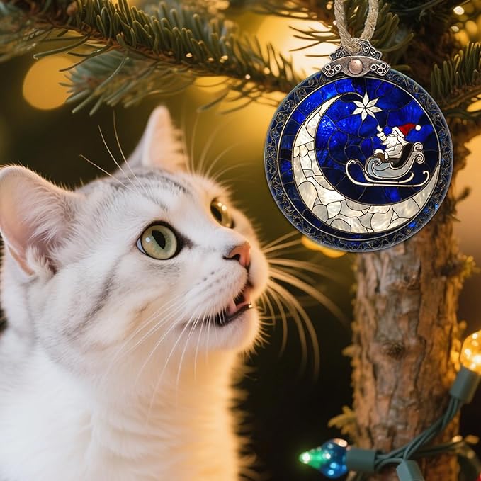 Stained Glass Christmas Decorations, Blue Starry Sky Moon Suncatcher for Window Christmas Tree Hanging Ornaments Santa Claus Sun Catcher Xmas Decor Gifts for Women Men Mom Nana Friend