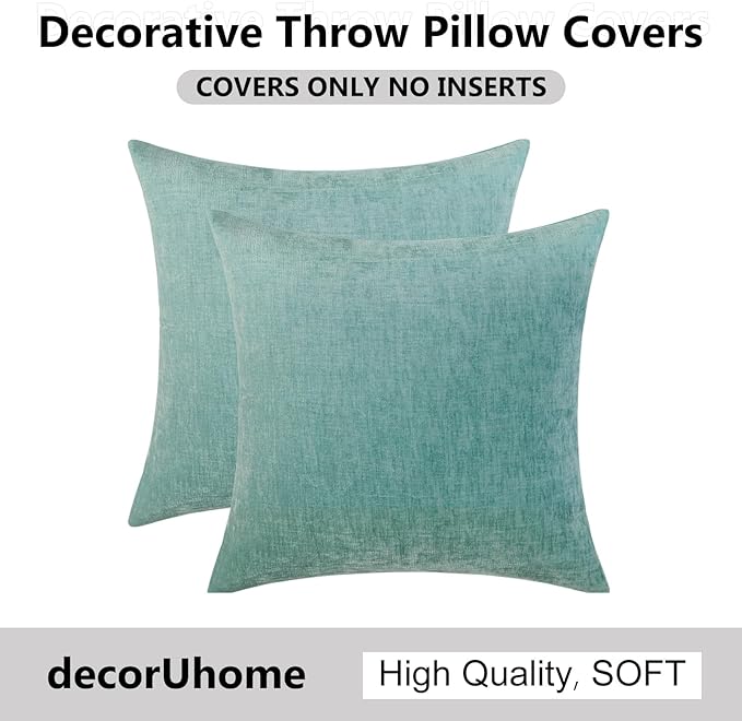 decorUhome Chenille Aqua Haze Throw Pillow Covers 18x18 Inch Set of 2, Decorative Soft Couch Pillow Covers Solid Dyed Accent Velvet Farmhouse Neutral Square Pillow Cases for Sofa Bed Living Room