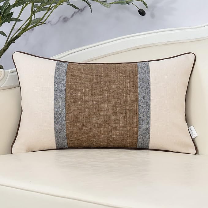 Yangest Patchwork Pillow Cover 12x20 Inch Luxury Cotton and Linen Cushion Cover Rectangle Pillowcover for Couch Bedroom Living Room,Brown