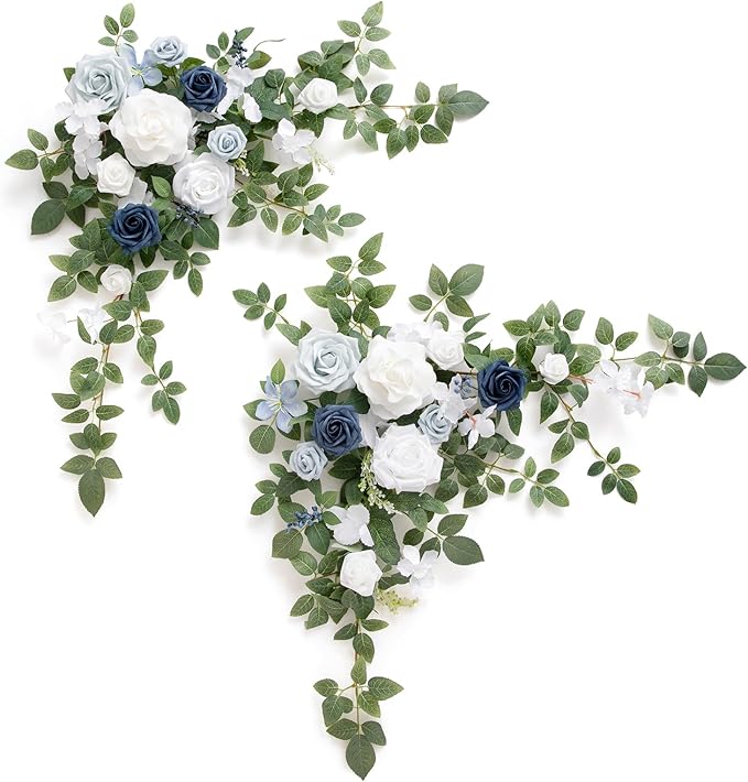 Ling's moment Dusty Blue Artificial Flower Garland Wedding Arch Flowers Floral Swags Table Centerpieces White Rose Arrangements for Sweetheart Table Easel Wall Entryway Board Backdrop Decor 2PCS