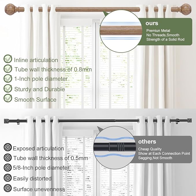 2 Pack Wood Curtain Rods 66 to 120 Inch,1 Inch Adjustable Long Curtain Rod,Netted Texture Window Curtains Rods,Farmhouse Heavy Duty Brown Wood Grain Decorative Drapery Poles 66-120"