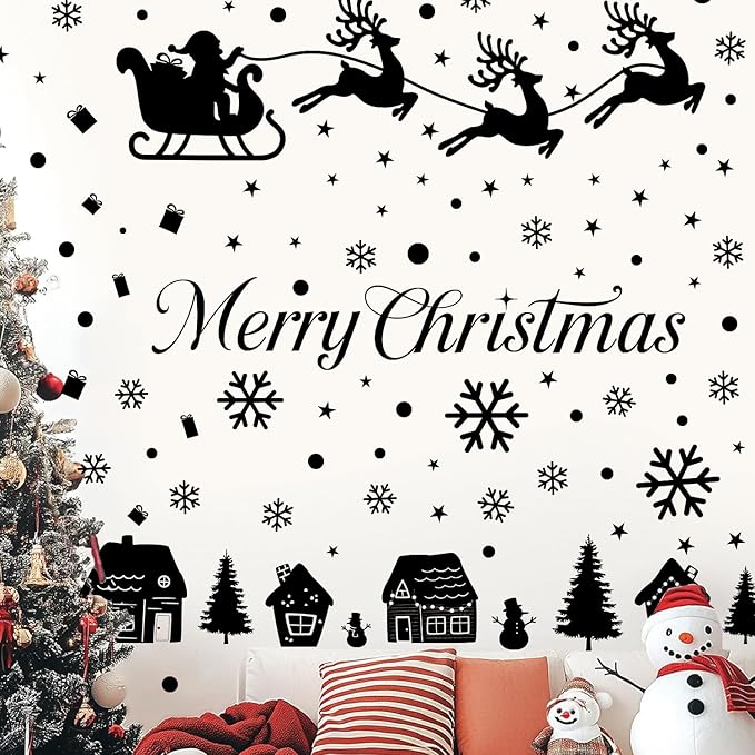 Merry Christmas Wall Decals, Black Santa Reindeer and Snowflake Window Clings, Removable Vinyl Wall Stickers for Holiday Party Bedroom Living Room Offices Home Decoration