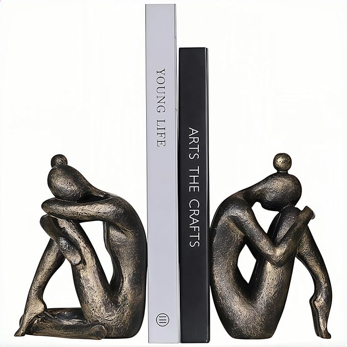 Decorative Resin Bookends for Shelves - Heavy Duty Book Ends Holder, Stopper for Office Desk, Bookshelf Organizer, Book Support (2 Pack)