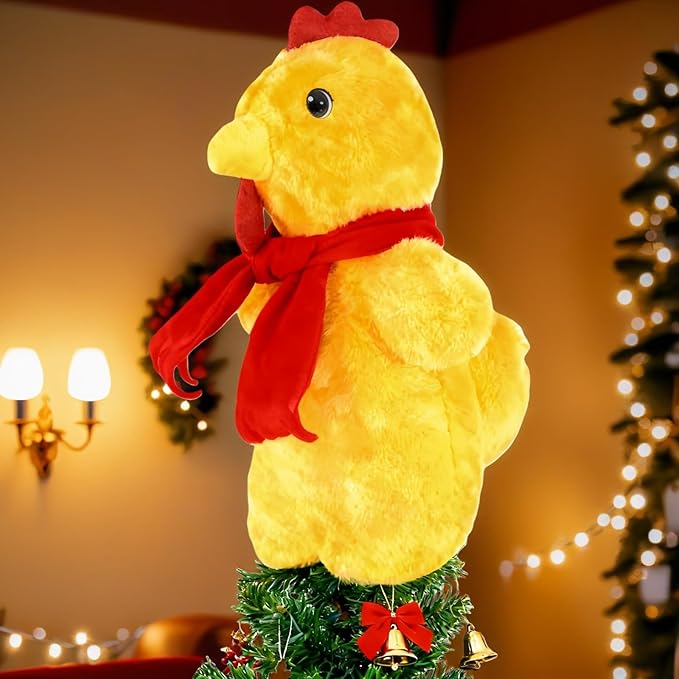 Eyourlife 12 in Chicken Christmas Tree Topper,Cute with Red Scarf Plush Stuffed Yellow Chicken Tree Top, Winter Farm Chicken Tree Toppers Decor for Xmas Party Home Indoor/Outdoor Tree Tops Decoration