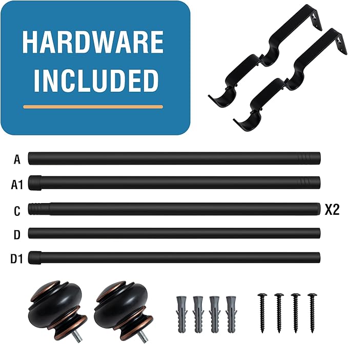 H.VERSAILTEX Double Curtain Rods for Windows 16.2 to 43.8 Inches, 3/4 inch Diameter, Adjustable, Decorative, Telescoping, Black, Wrought Iron, Matte Finish