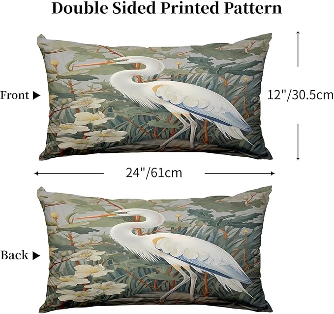 Heron Pillow Protectors with Zipper Standard Size William Morris Pillow Covers Set of 2 Rustic Bird Animal Pillowcases Chinoiserie Vintage Nature Floral Botanical Bed Pillow Covers 24"X12"