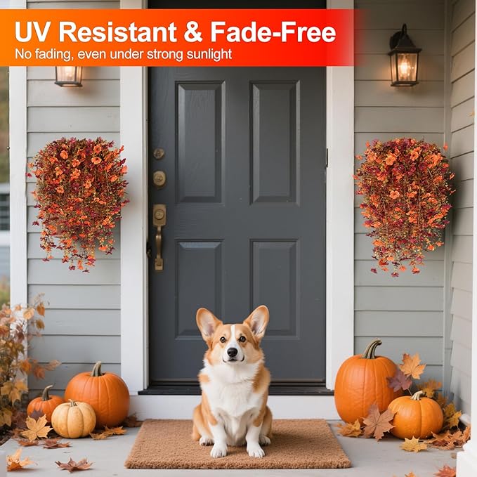 Fall Decor Artificial Flowers for Outdoor Decoration, 4Pcs Fake Hanging Flowers Mums Silk UV & Fading Resistant, Artificial Faux Plants for Home Patio Yard Garden Farmhouse Halloween