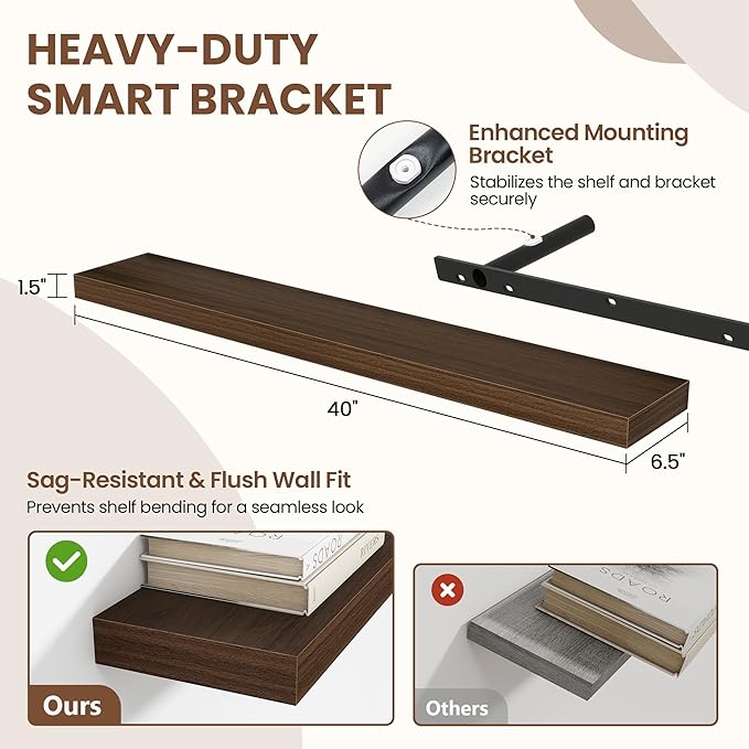 40 Inch Floating Shelves for Wall 2 Pack, 40" Wall Shelves for Books, Storage, Decor, Wall Mounted Floating Shelf with Invisible Brackets for Kitchen, Living Room, Walnut