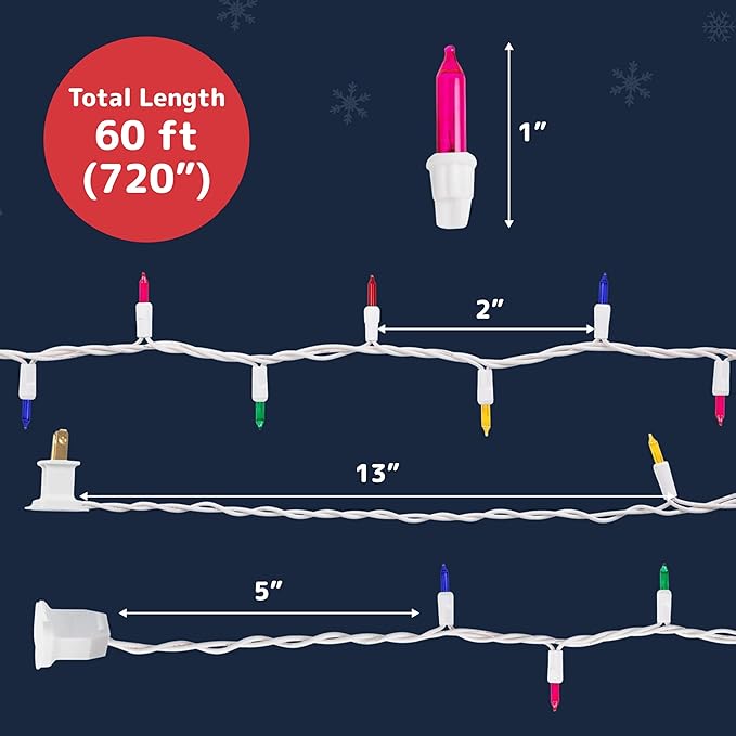 PREXTEX Bright and Colorful Christmas Lights (60 Feet, 300 Count) - Fall Decor and Christmas Tree Lights with White Wire - Indoor and Outdoor String Light - Multi-Color Incandescent Light