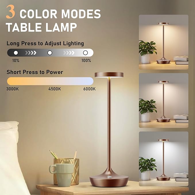 2 Pack LED Cordless Table Lamp Rechargeable，Outdoor Battery Operated Desk Lamp Touch 3 Color Dimming Portable Waterproof Night Light for Patio/Restaurant/Dining/Home (Coffee Brown)