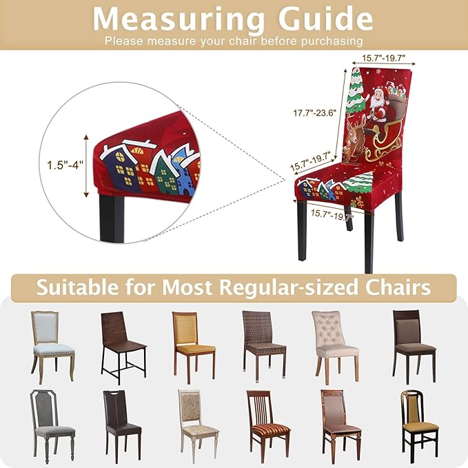 SearchI Christmas Chair Covers Set of 6, Stretch Xmas Kitchen Chair Cover Removable Washable Holiday Parsons Chair Slipcovers for Dining Room, Christmas Decoration, Ceremony(Santa Claus+Elk)