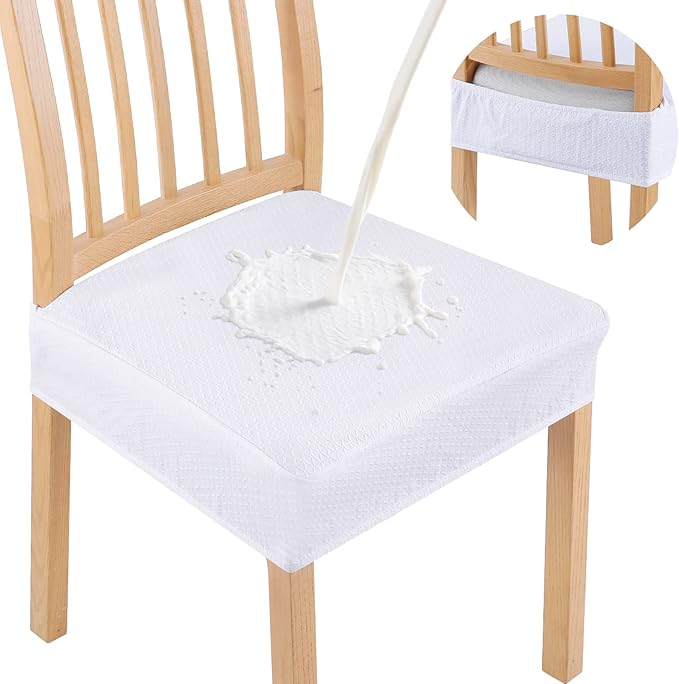Smiry Waterproof Seat Covers for Dining Room Chairs Set of 4, Stretch Jacquard Removable Washable Chair Seat Slipcovers Protector, No Rear Covers, White