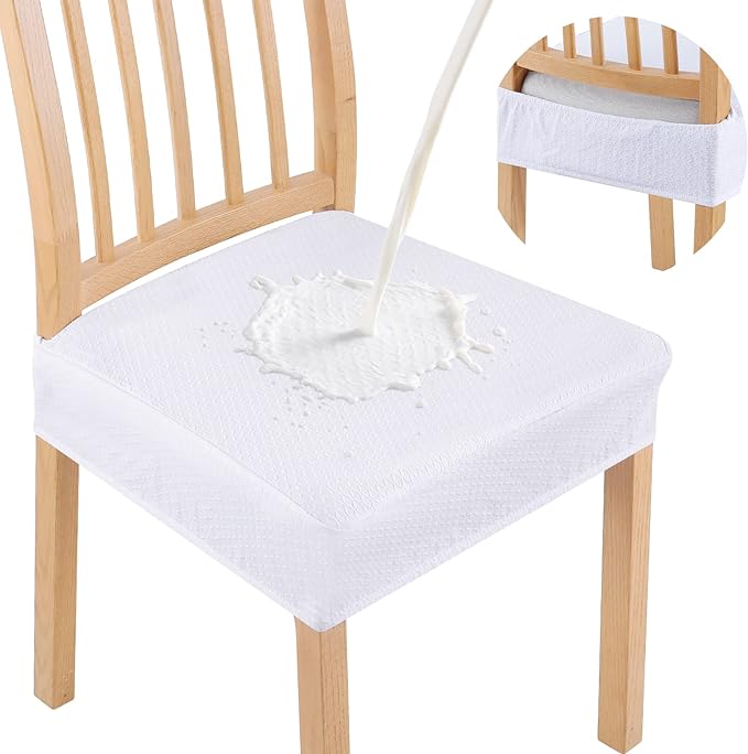 Smiry Waterproof Seat Covers for Dining Room Chairs Set of 8, Stretch Jacquard Removable Washable Chair Seat Slipcovers Protector, No Rear Covers, White