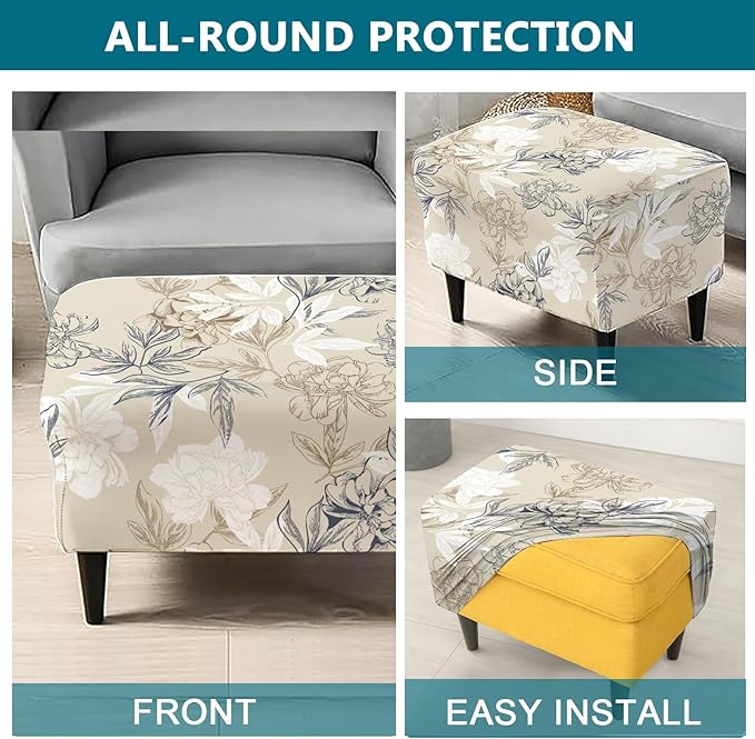 KRFOONN Stretch Ottoman Cover Slipcovers Rectangle Fit Length 55"-63" Footrest Stool Covers Printed Ottoman Cover for Foot Stool Furniture Protector with Non Slip Elastic Bottom, Color 04