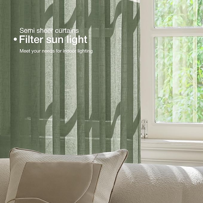 Anmao Natural Linen Curtains for Living Room 96 Inch Length 2 Panels Set, Light Filtering Semi Sheer Window Curtain Drapes for Bedroom with Curtain Rings and Clips, 52 Inch Wide Each Panel, Olive