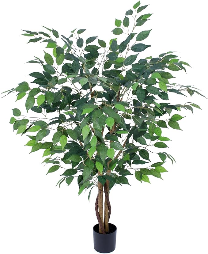 Artificial Ficus Tree 4ft, Artificial Plants Indoor with Realistic Leaves & Trunk, Fake Plants for Home Office Living Room Decor.