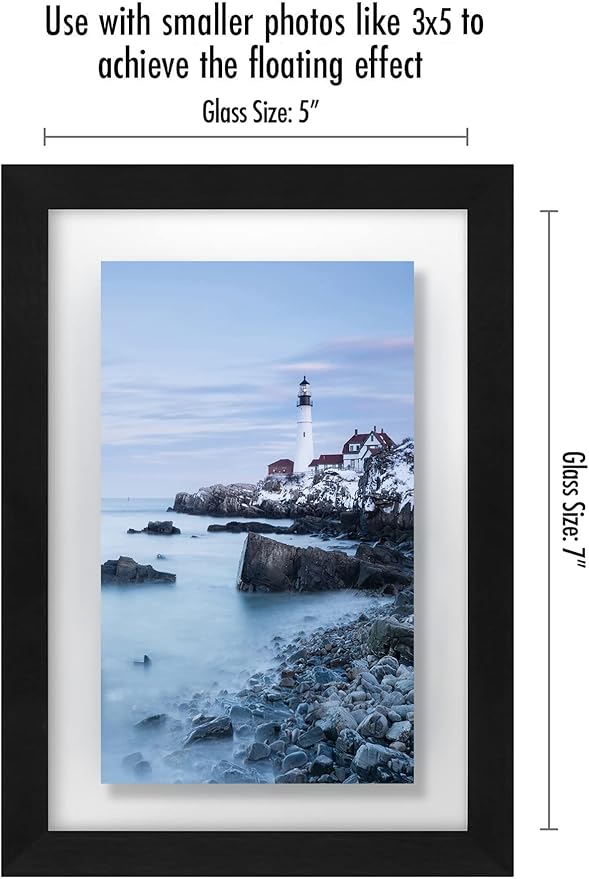 Americanflat 5x7 Floating Picture Frame with Polished Crystal-Clear Glass - Use as 5x7 Picture Frame or Display 3x5 Photo - Signature Float Collection - Photo Frames for Wall Display - Black