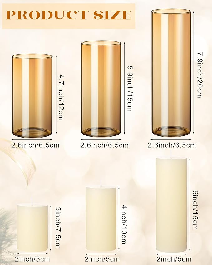 Shihanee 36 Pcs Pillar Candles and Glass Cylinder Vases Tall Cylinder Holders for Pillar Candles Wedding Centerpieces, Total 18 Sets(2.6'' X 4.7'', 5.9'', 7.9'',Amble,Ivory White)