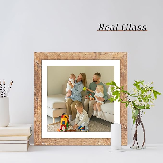 iRahmen 12x12 Picture Frame Set of 4 with Tempered Glass, Rustic Brown Frame Display 10x10 Pictures with Mat or 12 x 12 Without Mat, Wood Square Photo Frames for Desktop Display and Wall Mounting