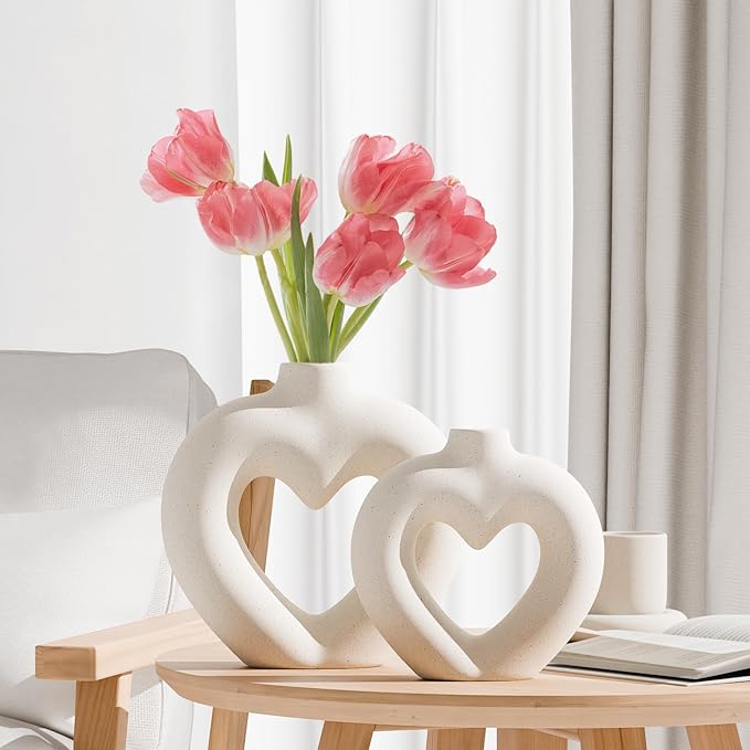 White Heart Ceramic Vases for Decor, Heart Shaped Ceramic Vase Set of 2, Nordic Shaped Vases, Minimalist Decorative Vase for Table Centerpiece Wedding Dining Living Room Office House Decoration