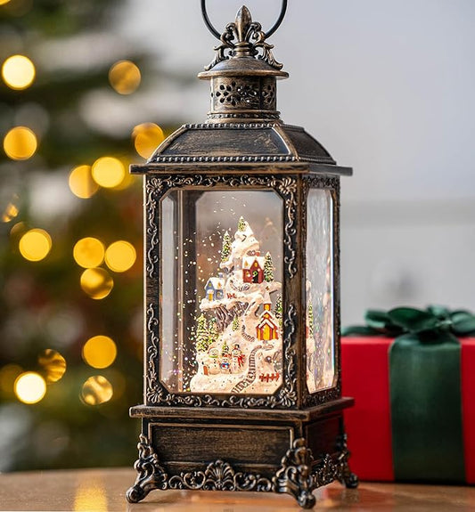 Christmas Village Buildings Snow Globe Lantern Water Glittering Snowman Family with Music & Timer, USB Lined/Battery Operated Lighted Lantern for Christmas Festival Decoration Gifts
