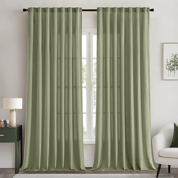 EMEMA Privacy Sheer Curtains 96 Inches Long, Non-See-Through Light Filtering Semi Sheer Curtains for Living Room Bedroom, Window Drapes That Let Light in, Sage Green, 52x96 Inch, 2 Panels