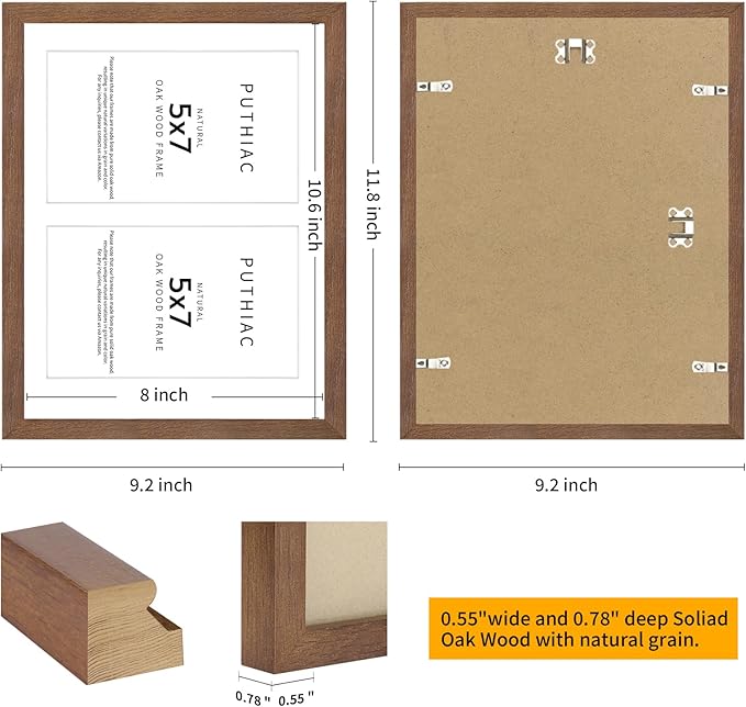 8.5x11 Oak Wood Picture Frame - Minimalist 8.5x11 Picture Frame with Mat Display 2Pcs 5x7 Photos, 5x7 Picture Frame Wood, Natural Solid Wooden Picture Frames(1 Pack, Walnut)