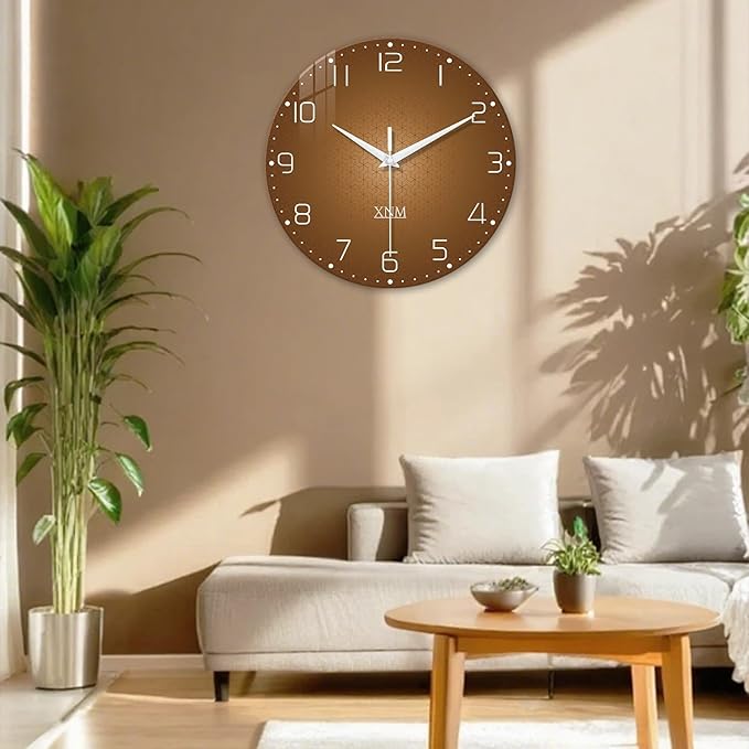 XNM Minimalist Wall Clock for Office Round Brown Wall Clock Battery Operated 20 Inch Glass Big Silent Clock Analog
