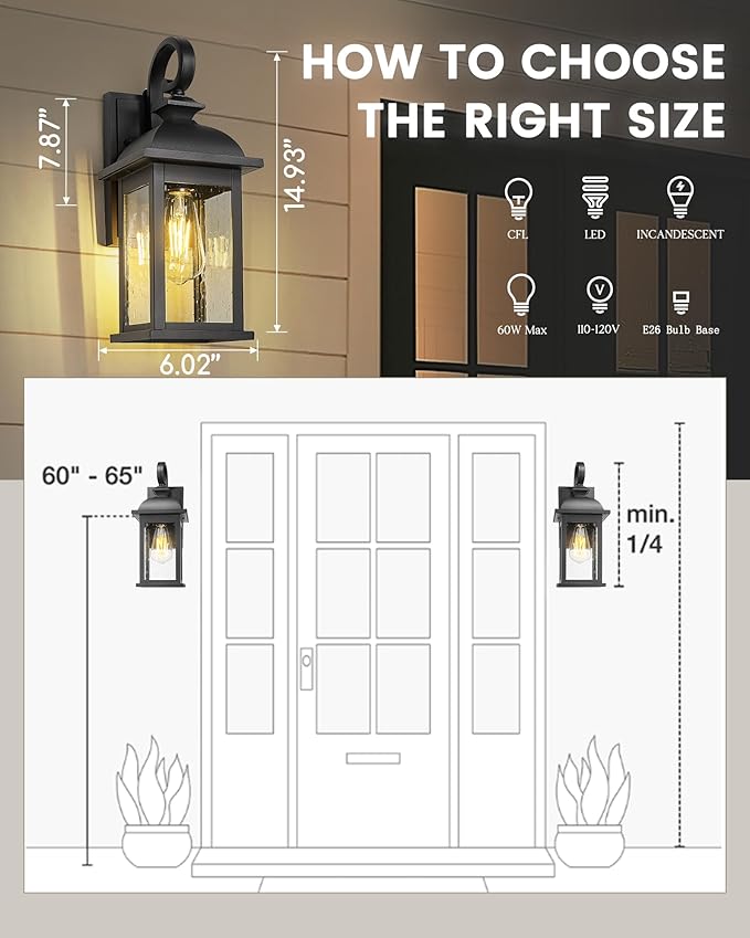 FEMILA Exterior Wall Sconce,2 Packs Outdoor Waterproof Wall Lights Fixture,E26 Socket Wall Lantern for Porch,Anti-Rust Matte Black Finish with Seeded Glass Lampshade,4FD54B-2PK BK