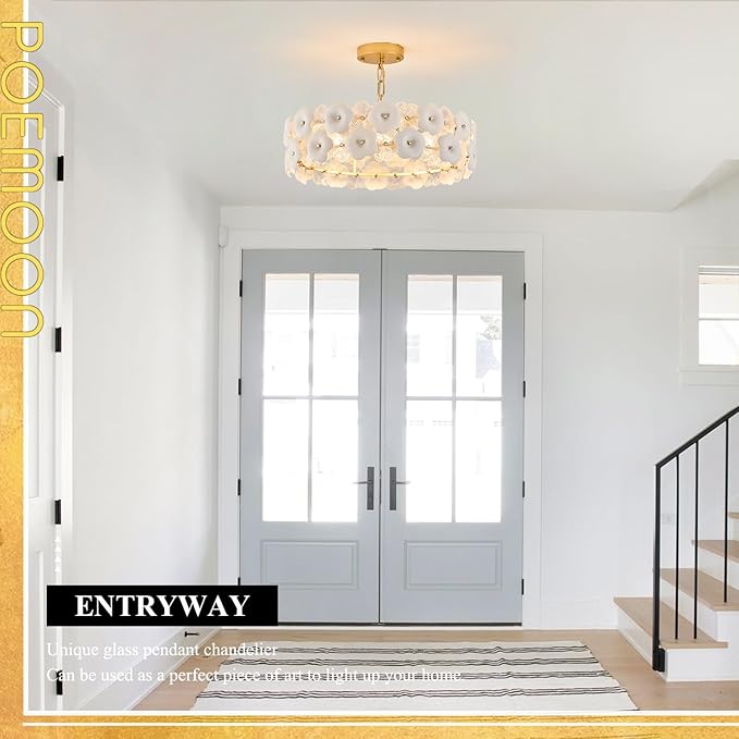 Modern Flower Elegant Glass Chandelier 20" Luxury 6 Lights Gold Chandelier Light Fixture for Living Dining Room Kitchen Entryway Bedroom Foyer, E12