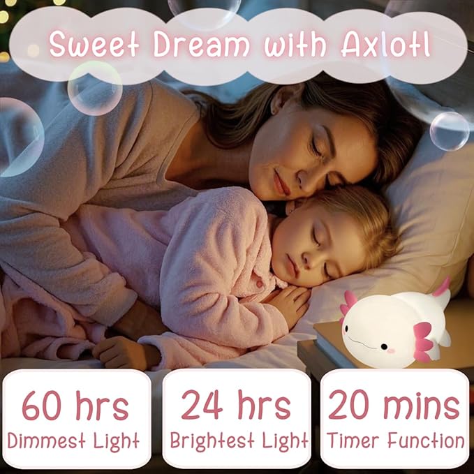 Axolotl Night Light for Kids, Cute Squishy Rechargeable Axolotls Lamp, Unique White Pink Xmas Axolotl Gifts, Dimmable LED Silicone Nightlight, Baby Safe, Girls Room College Dorm Décor