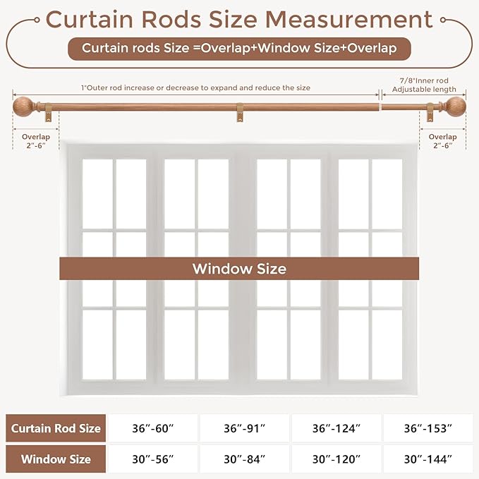 2 Pack Wood Curtain Rods for Windows 30 to 56 Inch, 1 Inch Boho Decorative Vintage Drapery Rod with Faux Wooden Grain Finial, Adjustable Heavy Duty Rustic Farmhouse Spliced Metal Curtain Pole