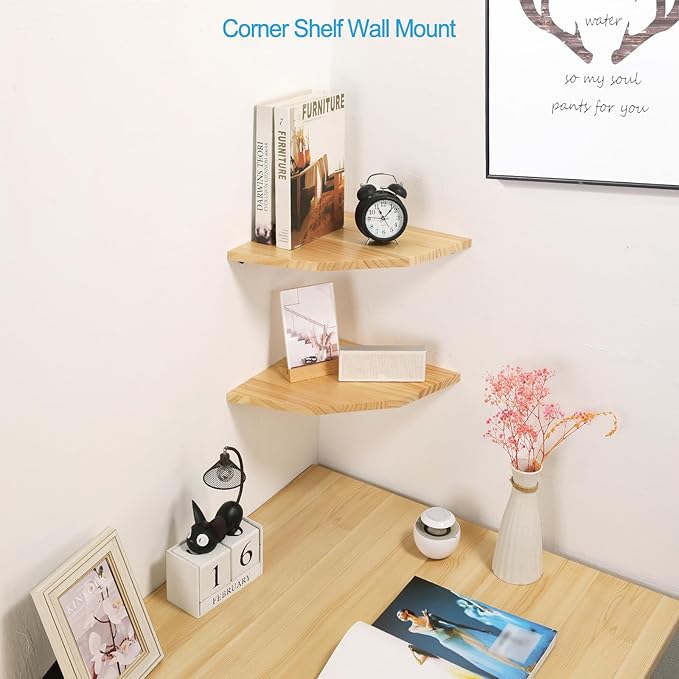 Wood Corner Wall Shelves Set of 2, Solid Wood Corner Floating Shelves, Round End Wall Mounted Floating Corner Shelf for Bedroom, Living Room and Kitchen (12 inch)