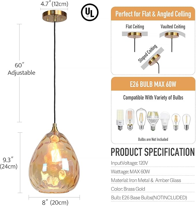 Gold Pendant Lighting with Amber Hammered Glass Shade, 1-Light Art Deco Hanging Lamp for Kitchen Island, Dining Room, Bedroom (Amber Glass Shade)