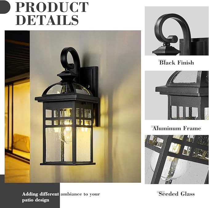 Emliviar 2 Pack Outdoor Light Fixtures Wall Mount, 15" Modern Outdoor Sconce Lights for House, Black Finish with Seeded Glass, DE281-2PK BK