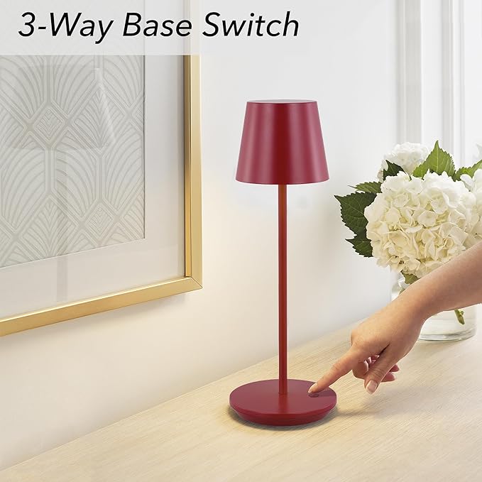 Generation Lighting Mena Accent Rechargeable Table Lamp – 14.5” Dark Red Steel Lamp with 3-Way Base Switch, 2.4W Up/Down LED at 2700K, 260 Lumens, USB-C, Wet Rated (8000701-211)