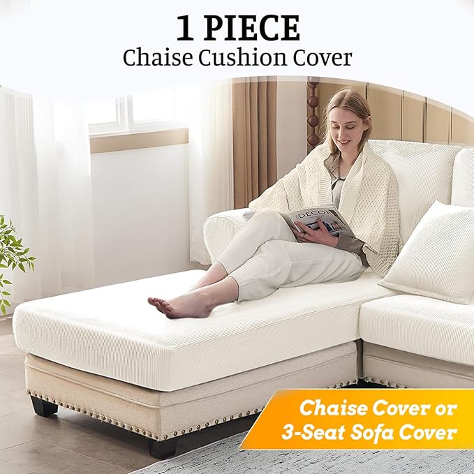 Sectional Couch Covers for Sofa Cushion L Shaped Couch Cover Washable Soft Couch Cushion Covers Stretch Sofa Slipcovers(1-Piece for Chaise or Sofa 3-Seater, White)