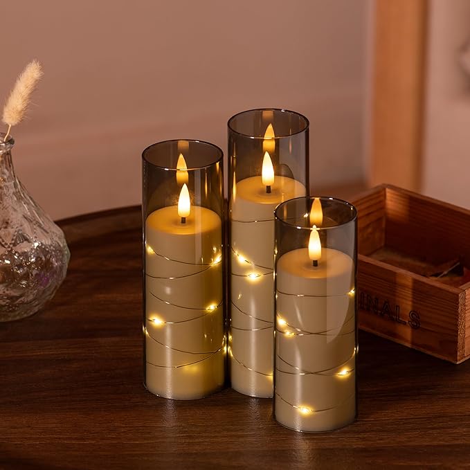 18 Pack Flameless Battery Operated LED Candles with Remote and Timer, Flickering Candles with Embedded Star String for Romantic Ambiance and Home Decoration, Stable Acrylic Shell (Grey)