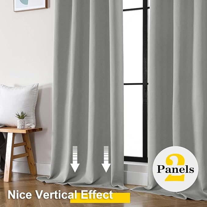 Silver Grey Blackout Curtains for Bedroom Living Room 72 Inches Long 2 Panels Set, Soft Solid Thermal Room Darkening French Door Curtain, Modern Rod Pocket Design, Silver Grey, 40" Wx72 L