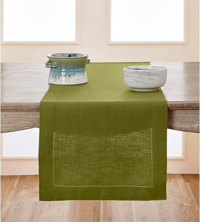 Solino Home Linen Avocado Green Table Runner 90 Inches Long - 100% Pure Linen Hemstitch 14 x 90 Inch Table Runner for Dining, Spring, Easter, St Patricks Day - Classic Hemstitch