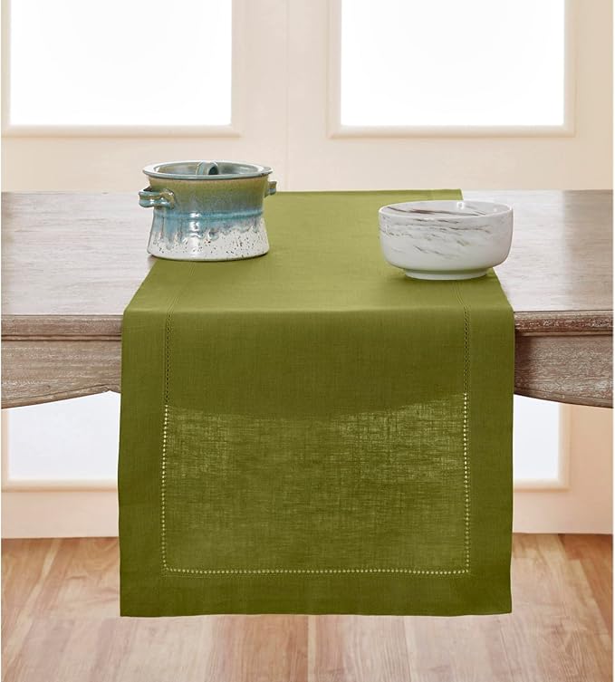 Solino Home Linen Table Runner 120 Inches Long - 100% Pure Linen Avocado Green Table Runner 14 x 120 Inch for Spring, Easter, St Patricks Day - Classic Hemstitch