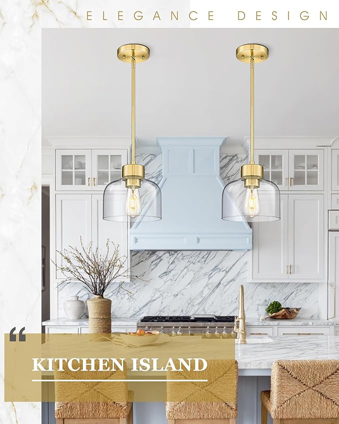2-Pack Pendant Lights Kitchen Island, 8" Brushed Gold Hanging Light Fixtures with Clear Glass Shade, Modern Brass Kitchen Pendant Lighting Over Island for Dining Room, AD-24024-1P2L-GD