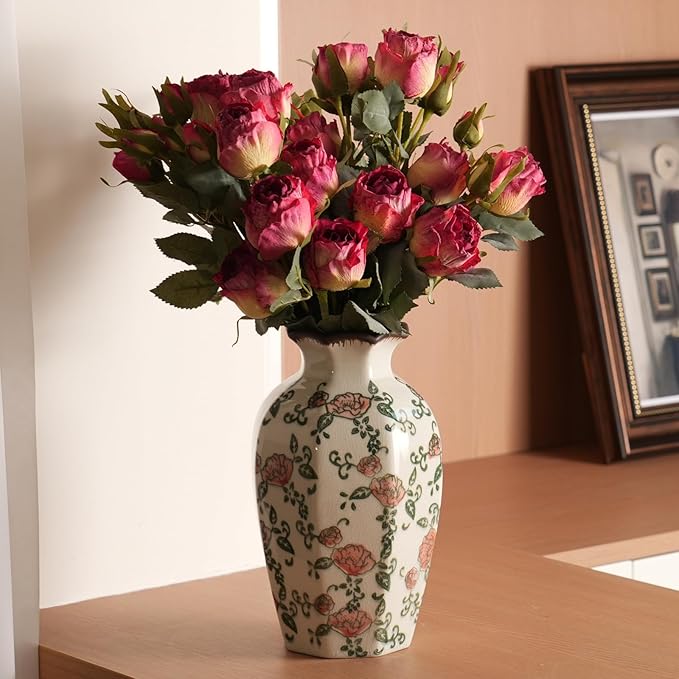 Vintage Ceramic Vase - 9 Inch Hand-Painted Roses with Ice Crackle Glaze Finish, American Farmhouse Style Pitcher Vase for Home Decor, Centerpiece, Shelf, Table, Office, Rustic Wedding Gift