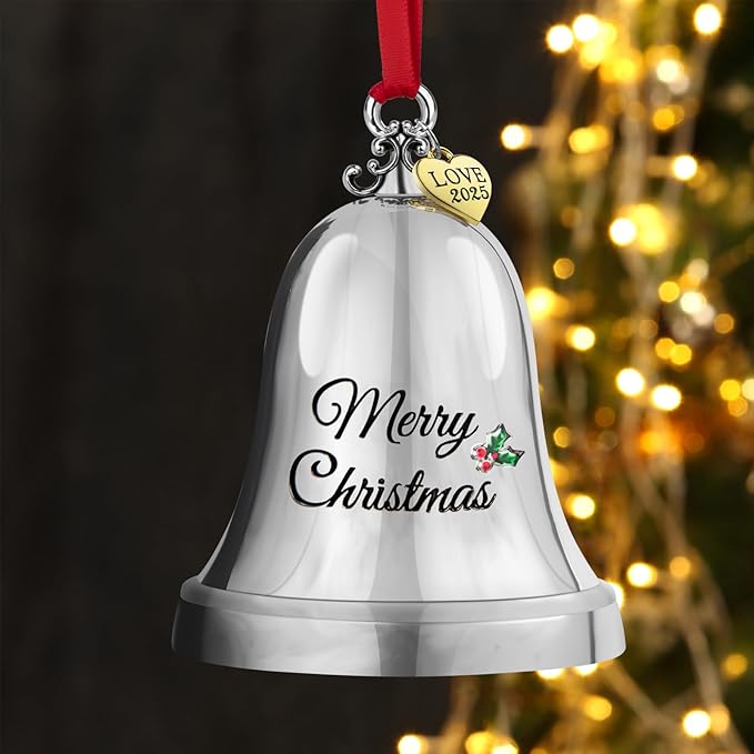 LARAINE Christmas Ornament Bell 2025 Silver Jingle Bell Hanging Ornament with Golden Metal Tag for Christmas Tree Decorations Engraved Metal Bell (Heart Tag (2025))